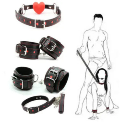 Handcuffs Anklecuffs Heart Shaped Pattern Adjustable Restraint Set Neck Collar with Leash Restraint Bondage Sex Toys for Adults
